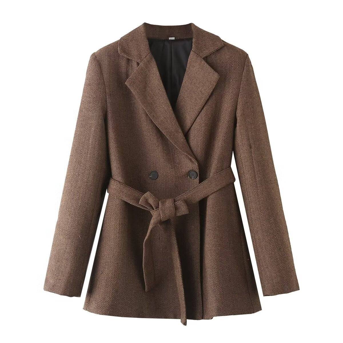 Retro Herringbone Double Breasted Blazer with Belt for Fall Women's Clothing  S Brown 