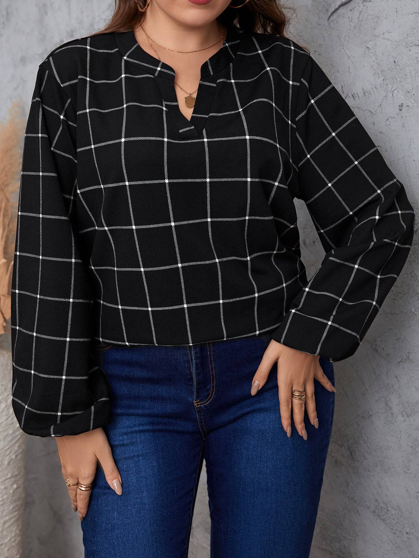 Retro Plaid Plus Size Ladies Shirt with Long Sleeves  XL Black 