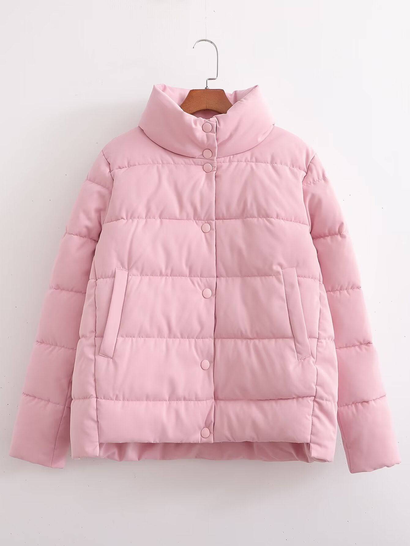 Women's Elegant Slim Fit Cotton Padded Coat with Stand Collar  S Pink 