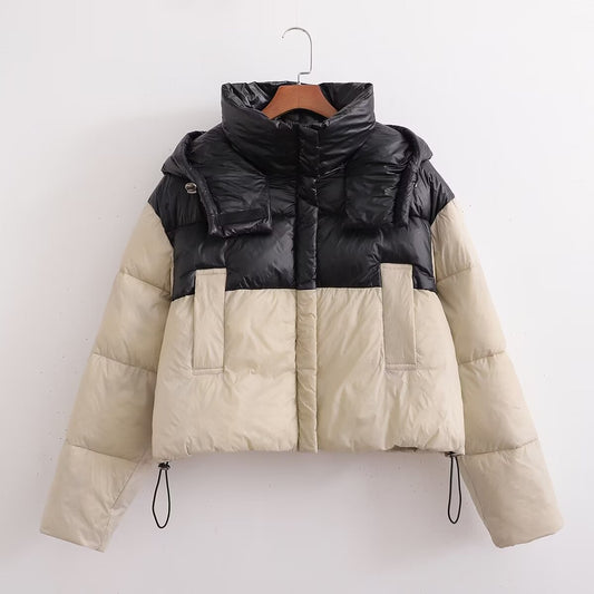 Women Clothing Thick Contrast Color Hooded Cotton Coat Winter Short Western Cotton Padded Jacket - Wild Amber Fashion