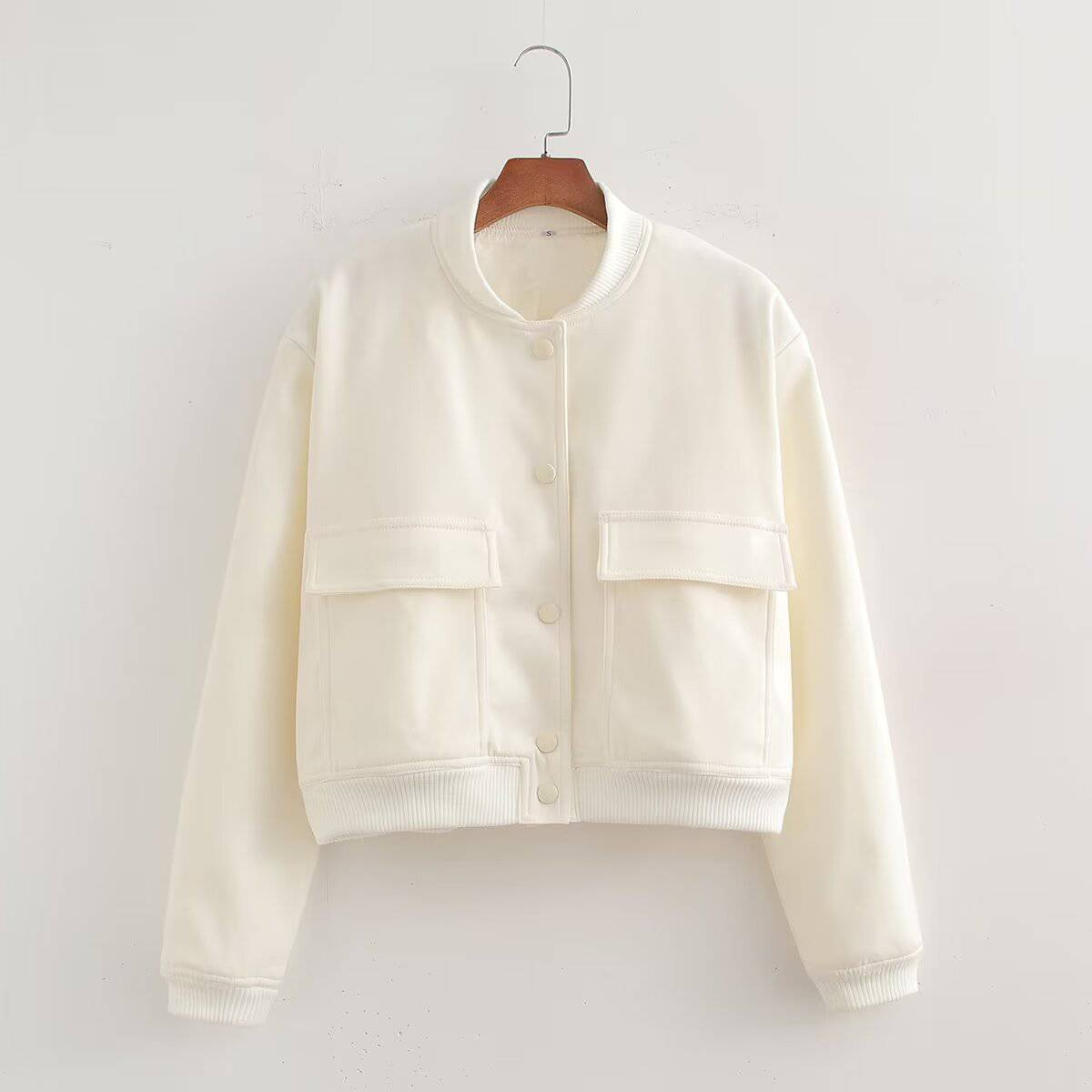 Spring Women's Casual Loose Fit Bomber Jacket with Large Pockets  XS White Coat 