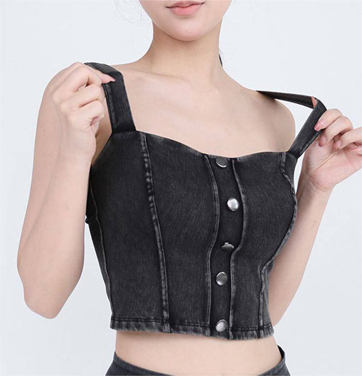 Slimming Faux Denim Yoga Vest with U-Shaped Strap and Metal Buckle Sling  S Dark Grey 