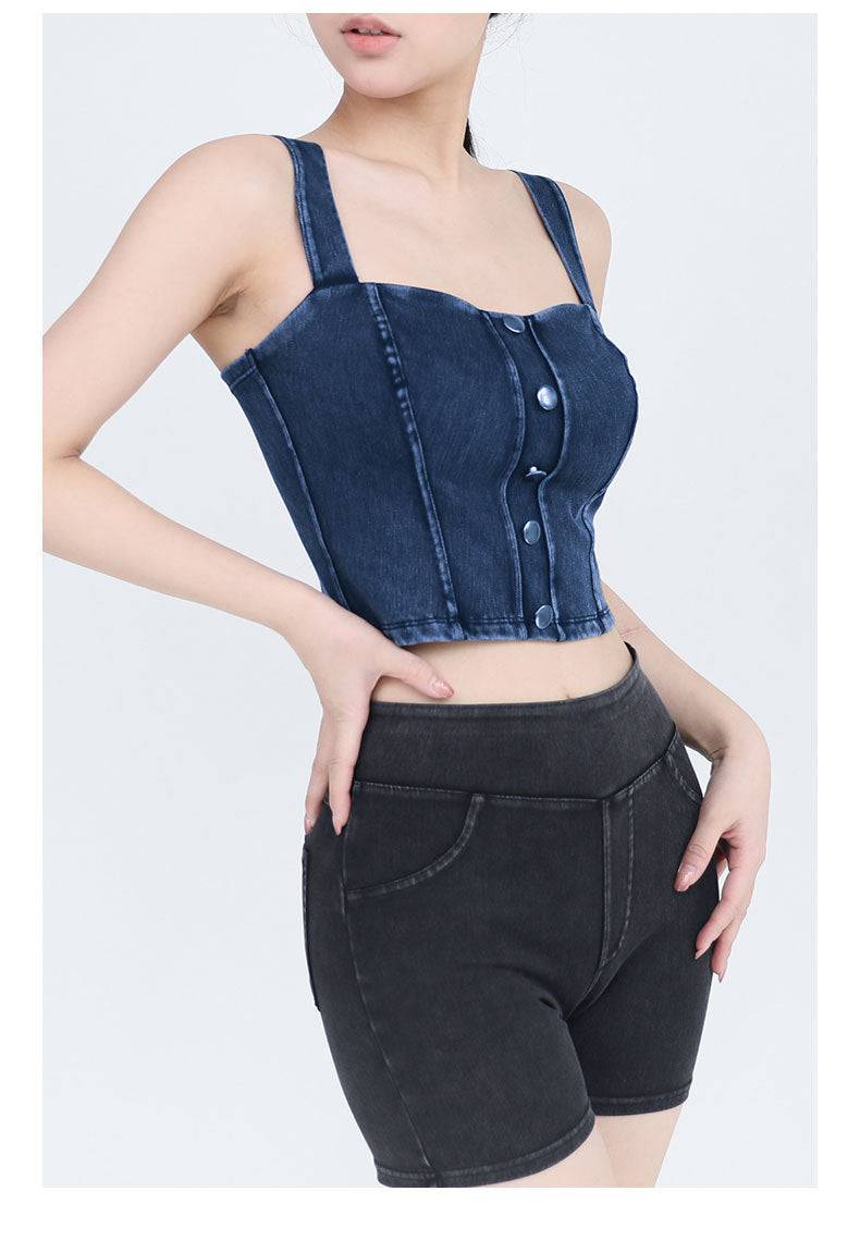 Slimming Faux Denim Yoga Vest with U-Shaped Strap and Metal Buckle Sling  S Navy Blue 