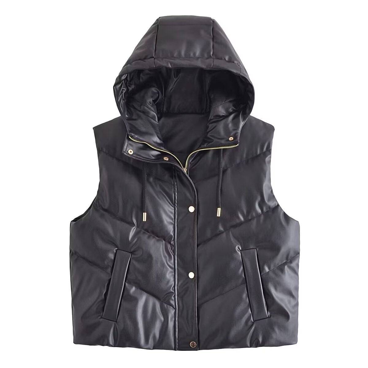 Hooded Faux Leather Jacket Vest for Women  XS Black 