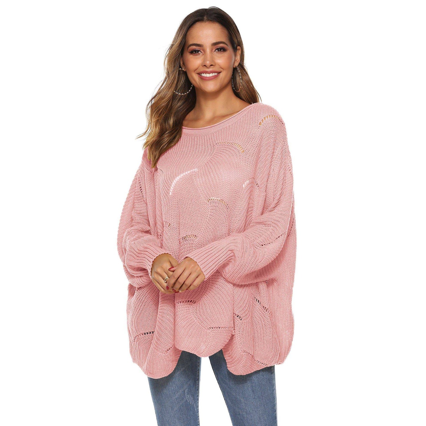 Irregular Asymmetric Loose Batwing Sleeve Sweater with Hollow Out Design  S Pink 