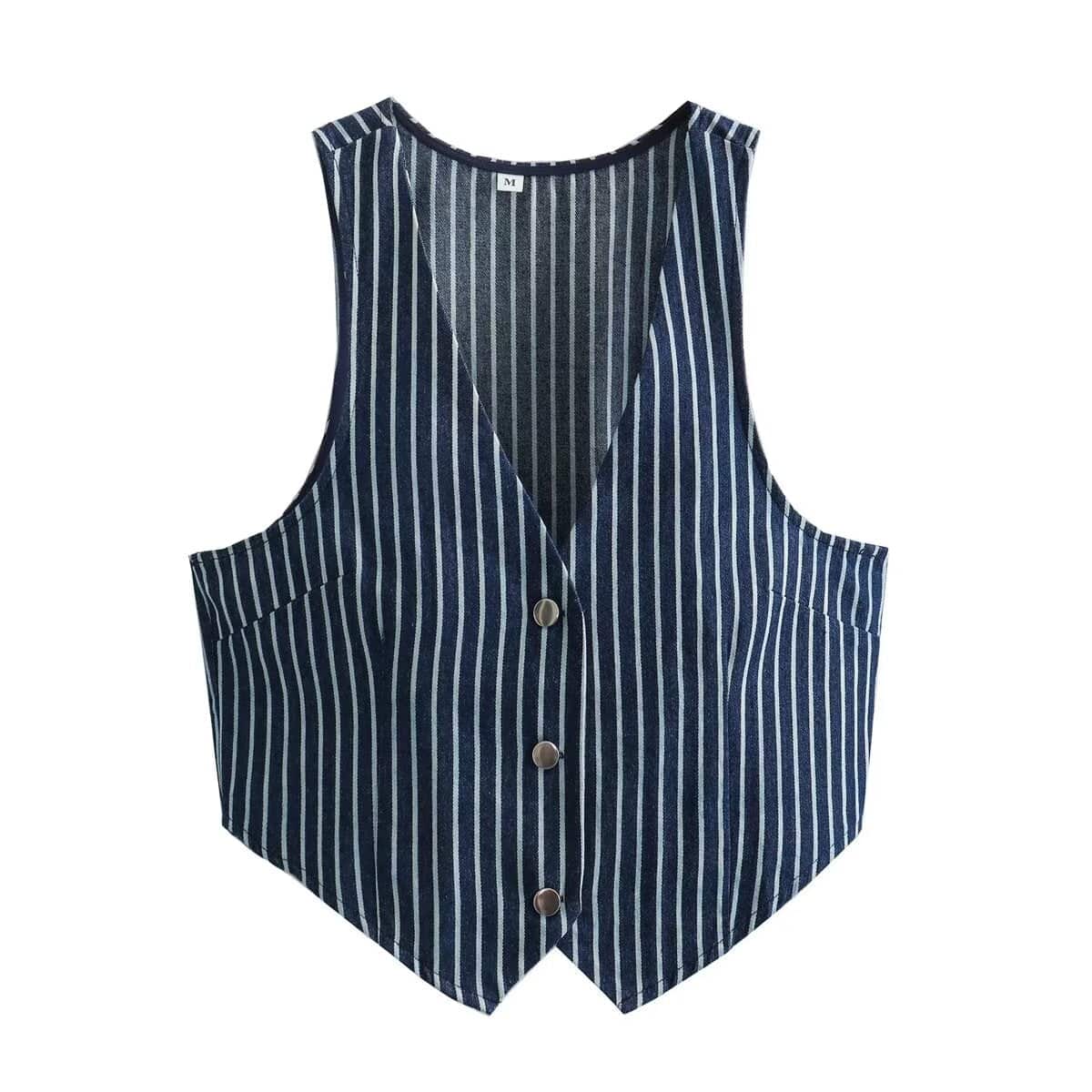 Striped Sleeveless Cardigan for Women  S Navy Blue 