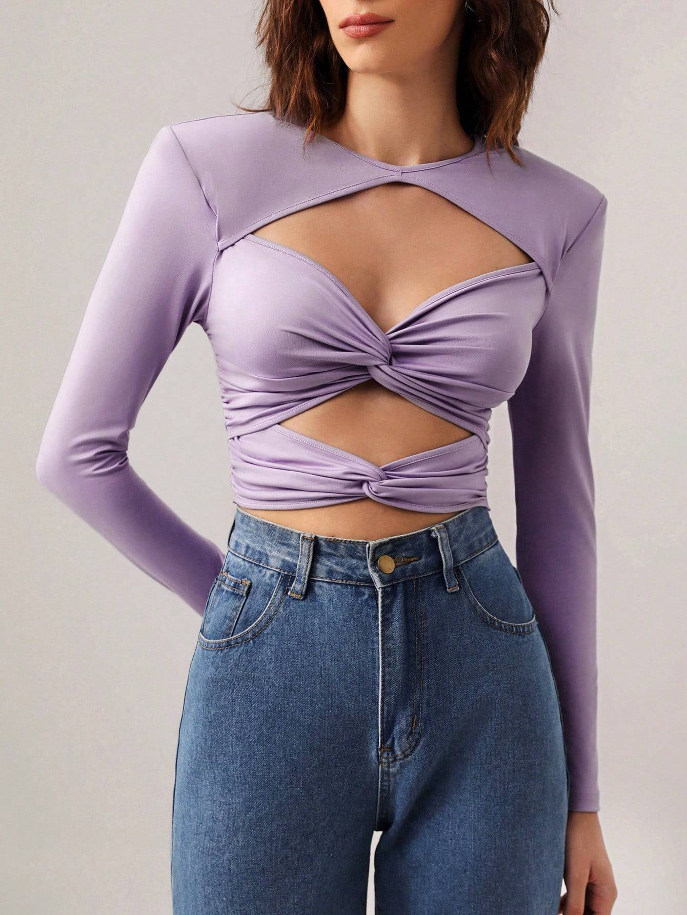 Seductive Hollow Out Long Sleeve Crop Top in Milk Silk  S Lavender 