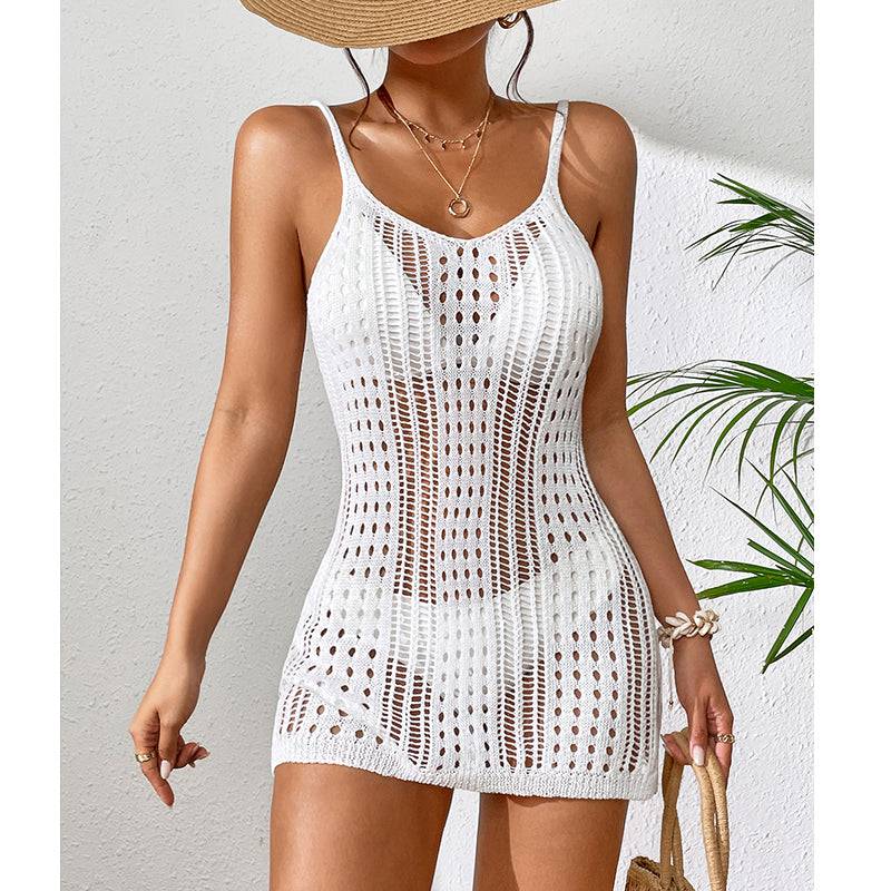 Short Knitted Texture Hollow Out Beach Camisole Dress  One Size White 