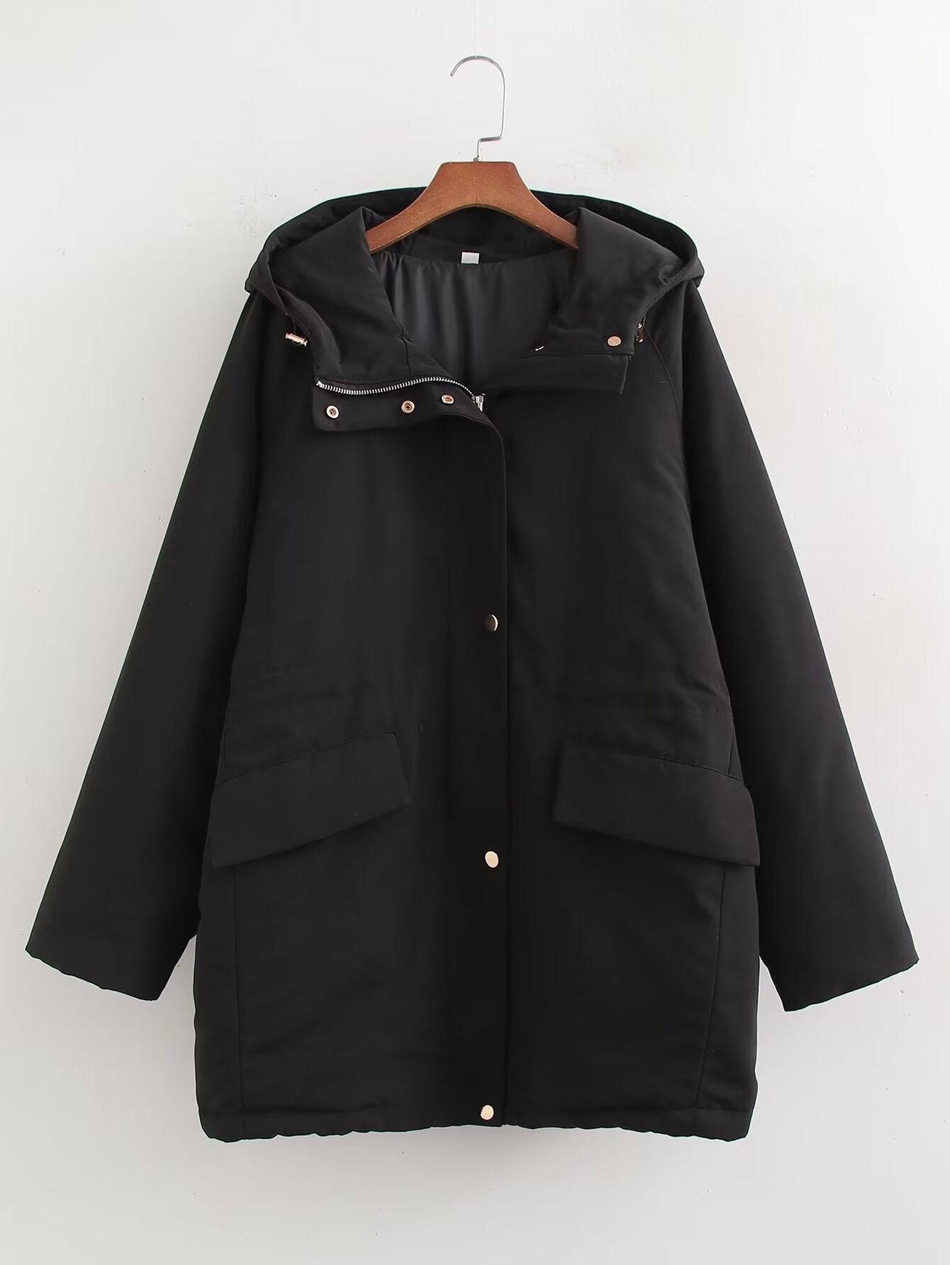 French Hooded Cotton Parka Jacket for Women  S Black 