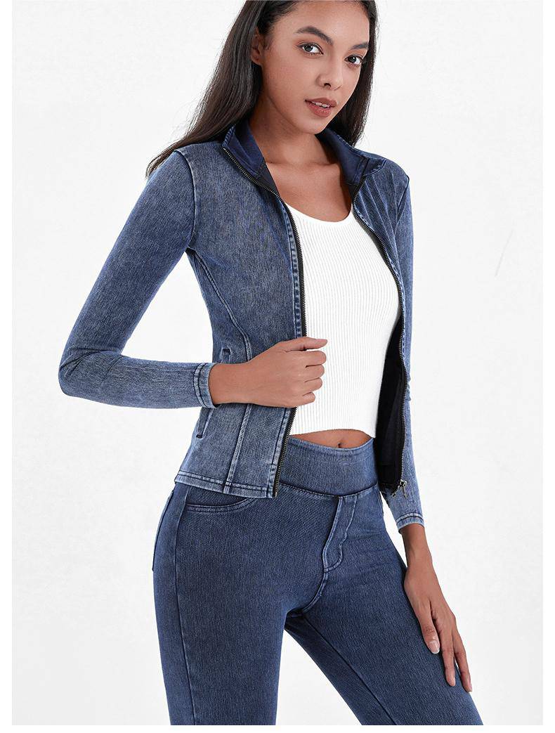 Knitted Denim Zipper Yoga Jacket Women Slimming Tight Turtleneck Double Pocket Fitness Outerwear Top  S The Blue 