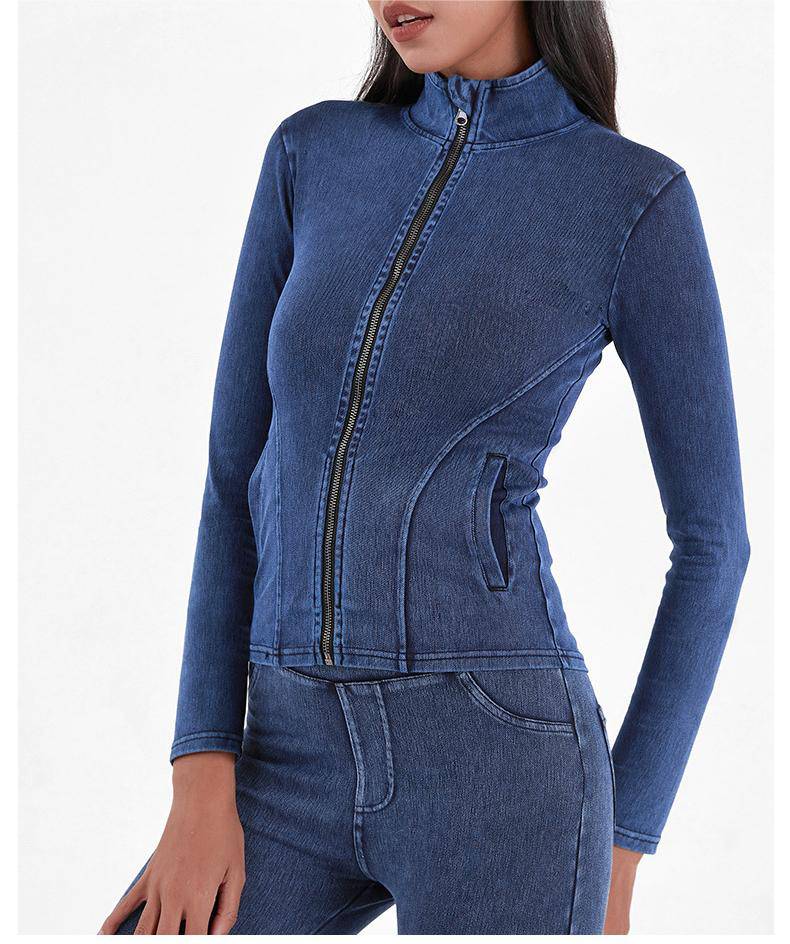 Knitted Denim Zipper Yoga Jacket Women Slimming Tight Turtleneck Double Pocket Fitness Outerwear Top  S Navy Blue 