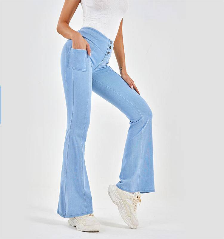 Elevate Your Style and Comfort with High Waist Denim Yoga Bell Bottom Pants  S Light Blue 