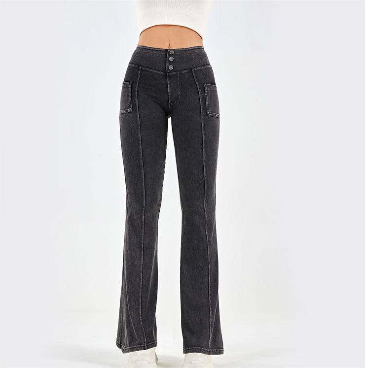 Elevate Your Style and Comfort with High Waist Denim Yoga Bell Bottom Pants  S Dark Grey 