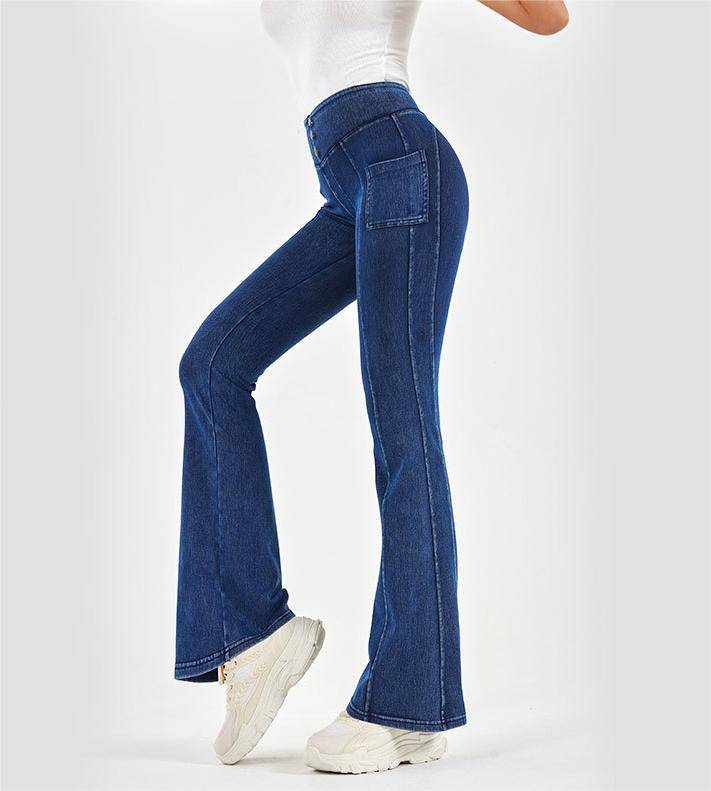 Elevate Your Style and Comfort with High Waist Denim Yoga Bell Bottom Pants  S Navy Blue 