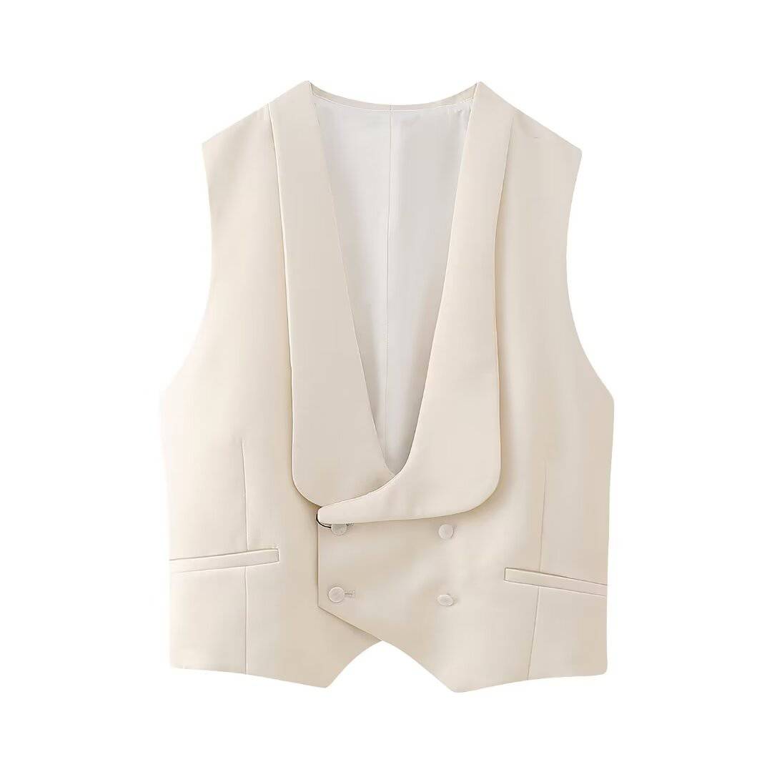 Stylish Women's V-Neck Sleeveless Vest Top with Button and Pocket Details  XS White 