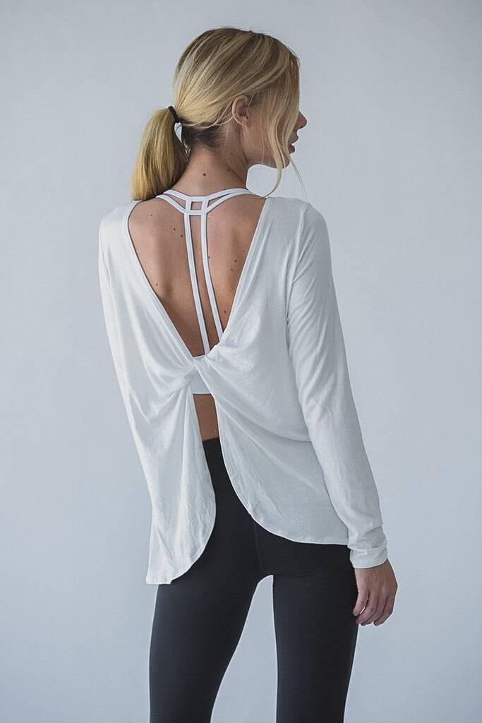 Long Sleeve Backless Cross Blouse Sports Workout Clothes Light Fashionable Sexy Yoga Clothes Women  S White 