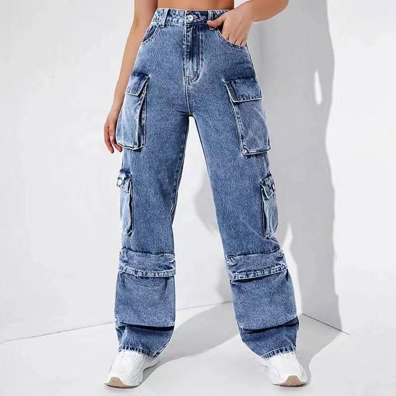 High Waist Denim Overalls with Flap Pockets  S Blue 