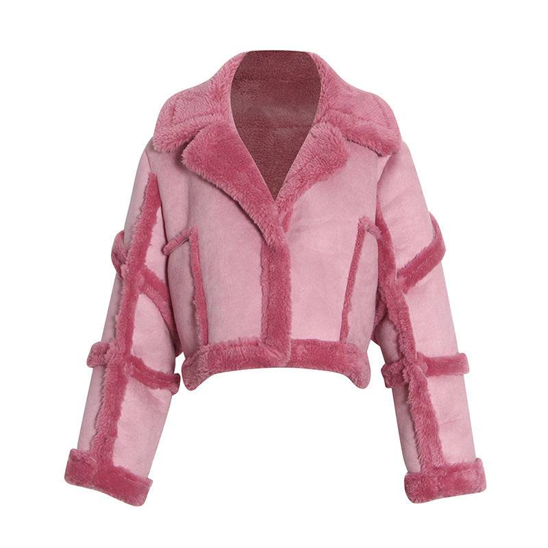 Leather Fur Thickened Coat for Women Winter Polo Collar Solid Color Stitching Lamb Wool Short Jacket for Women  One Size Pink 