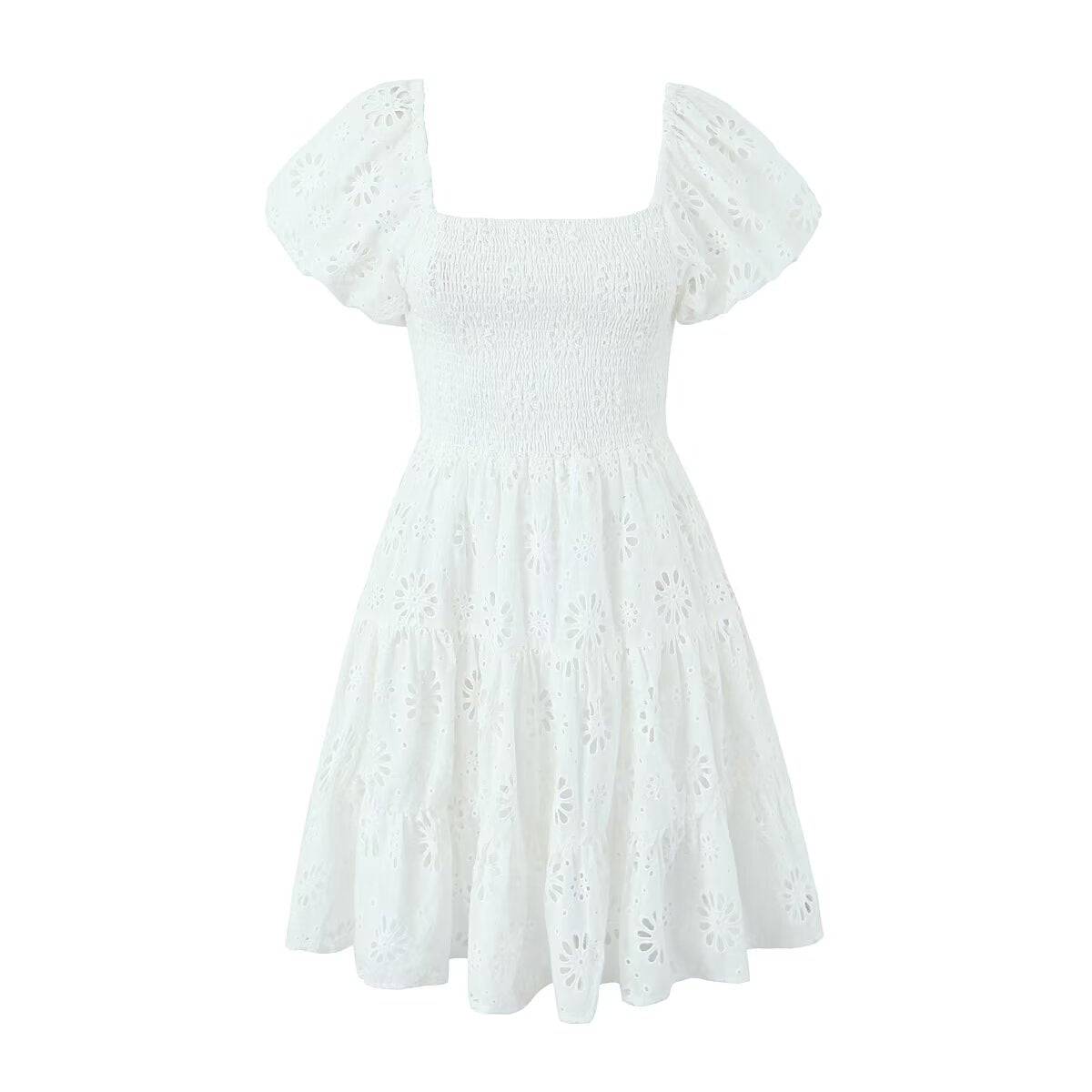 Spring Chic Embroidered Puff Sleeve A-Line Dress with Elastic Waist  S White 