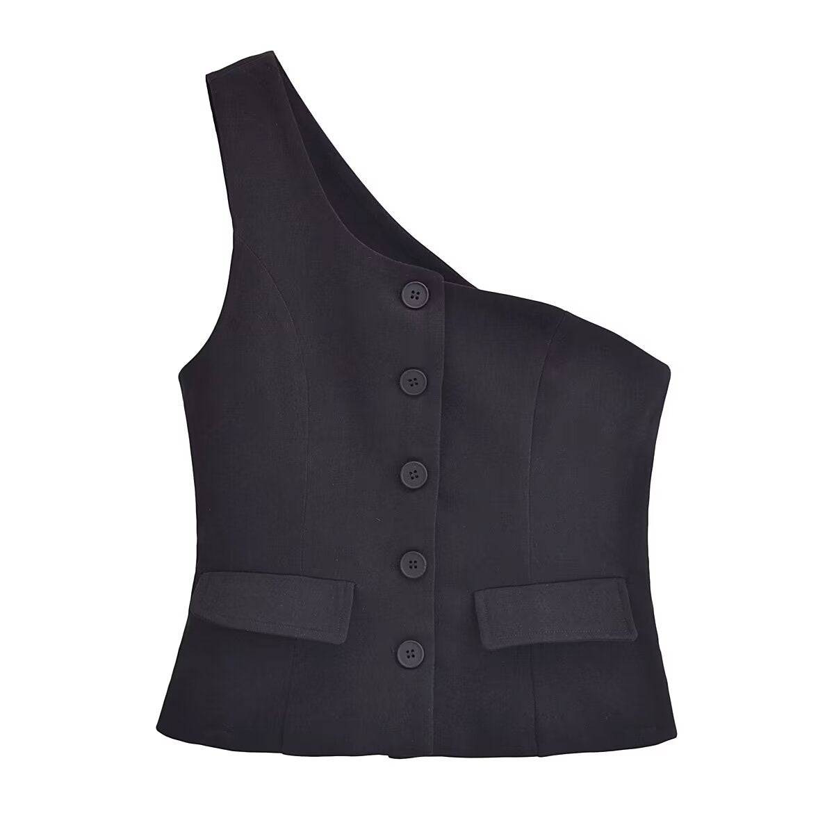 Women's Asymmetrical One-Shoulder Vest - Stylish Slim Fit Outerwear  XS Black 