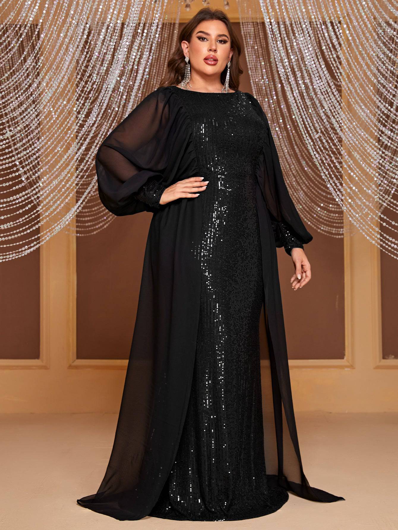 Shimmering Sequined Plus Size Evening Gown with Long Sleeves  XL Black 