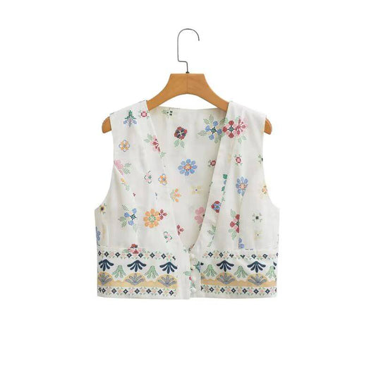 Retro Floral Print Sleeveless Top for Women  XS White 