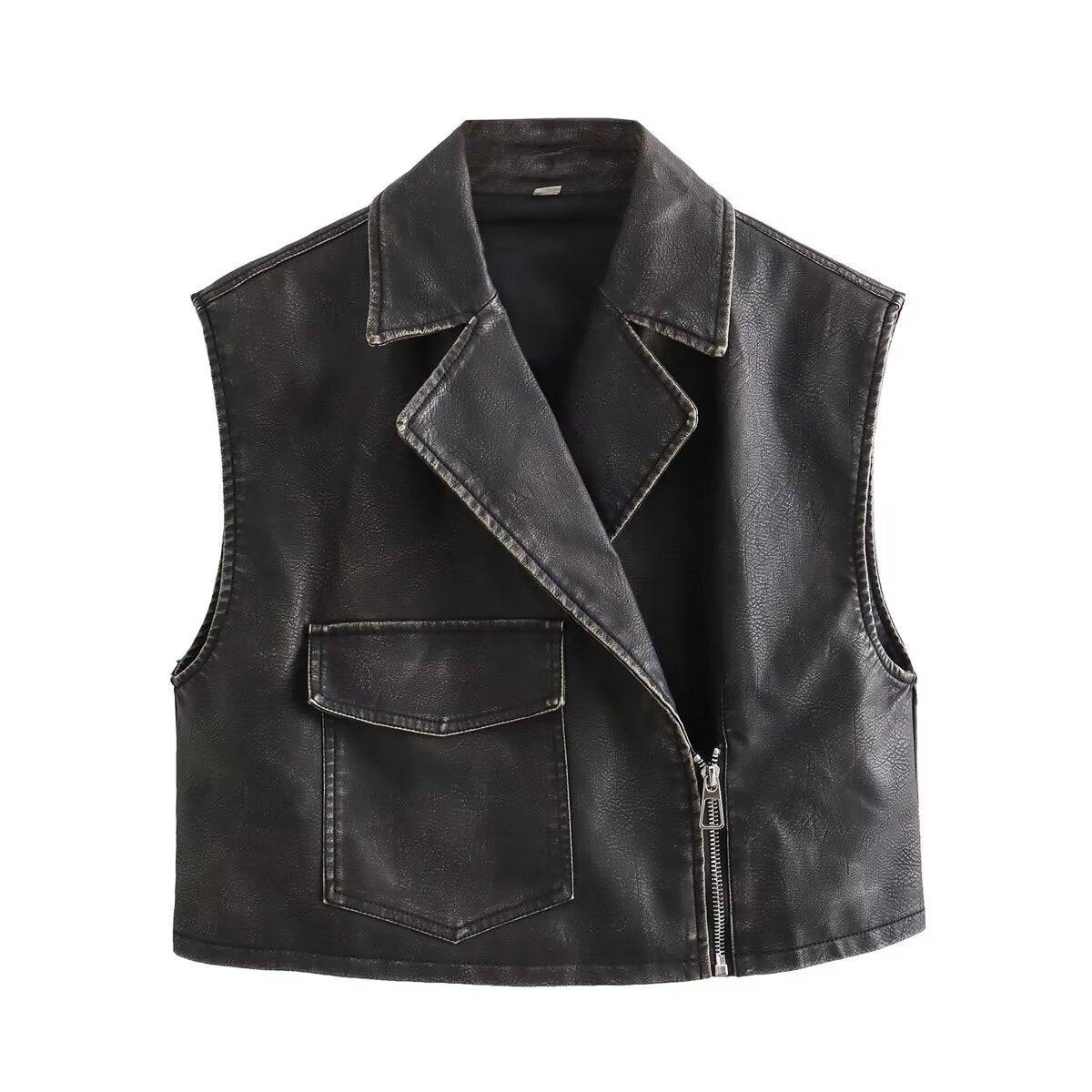 Faux Leather Zippered Vest with Pockets for Casual Wear  S Black 