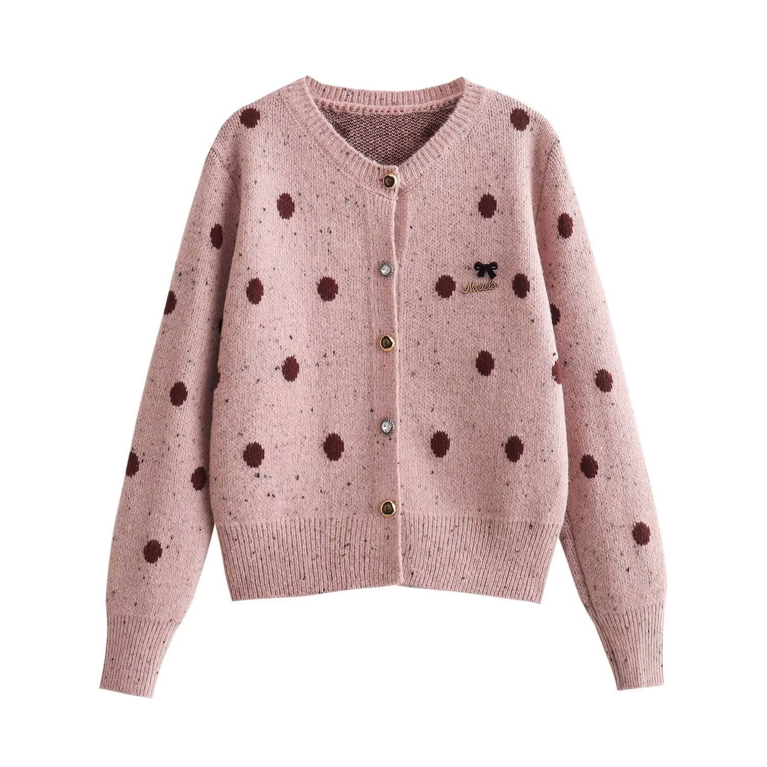 Fashionable Polka Dot Knitted Cardigan Sweater for Women  One Size Lotus root starch color 