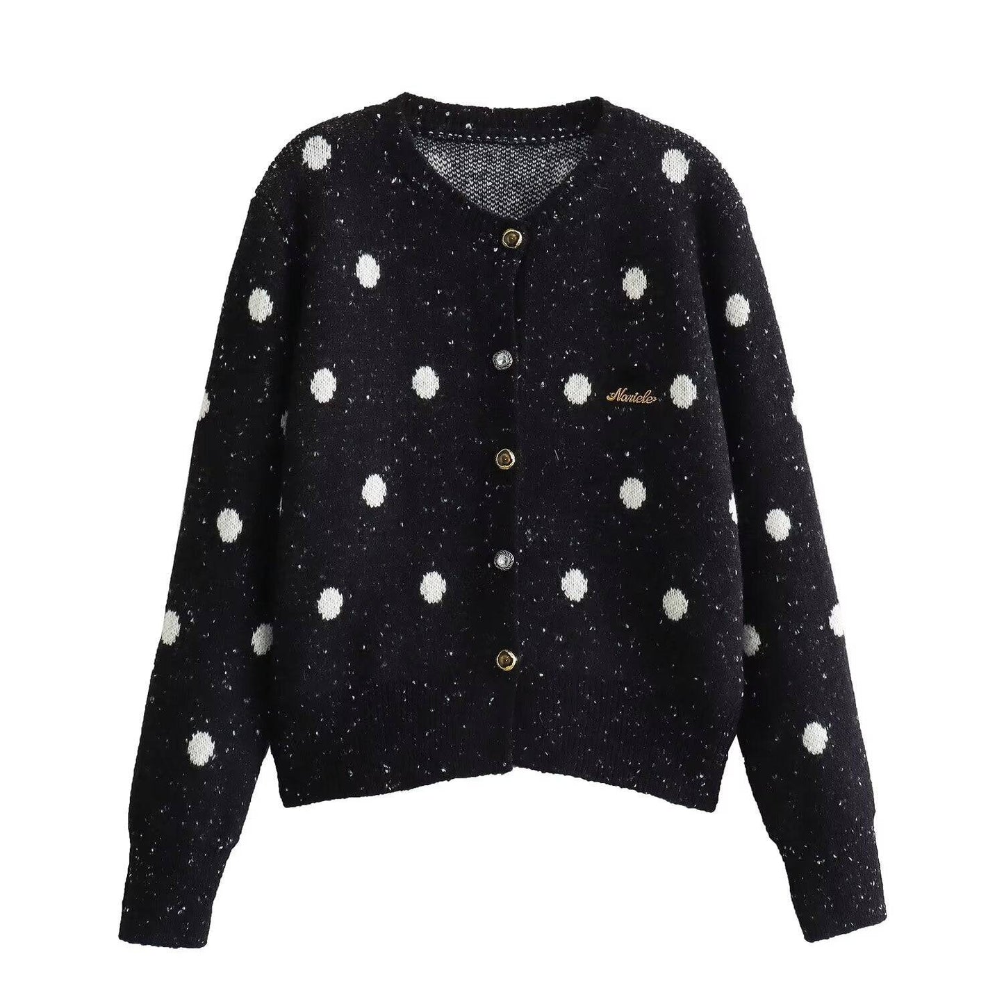 Fashionable Polka Dot Knitted Cardigan Sweater for Women  One Size Black 