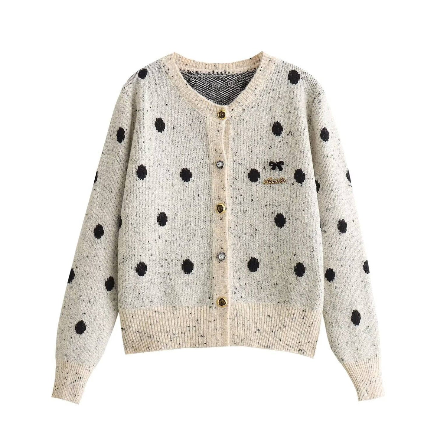 Fashionable Polka Dot Knitted Cardigan Sweater for Women  One Size Ivory 