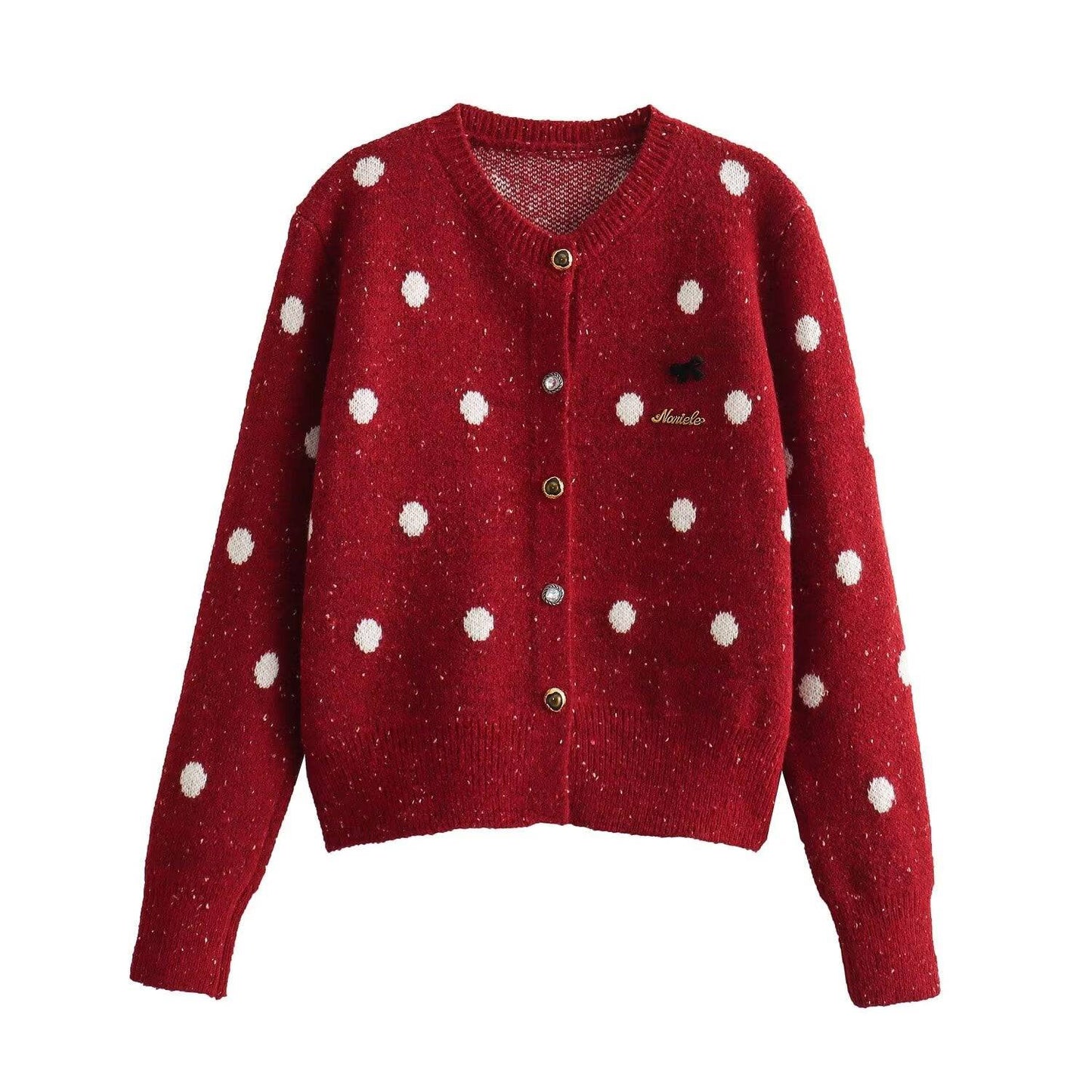 Fashionable Polka Dot Knitted Cardigan Sweater for Women  One Size Red 