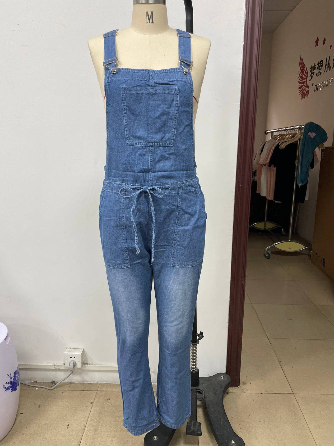 Women's Elastic Waist Denim Jumpsuit with Pockets  S Navy Blue 