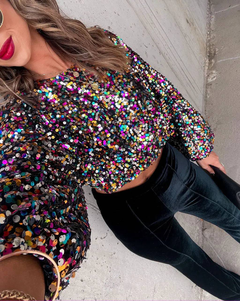 Sequin Embellished Bell Sleeve Party T-shirt for Spring Disco  S Neon 