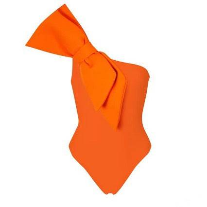 French swimsuit with pleated oblique shoulder and bow two-piece women's swimsuit  S Orange Separate Jumpsuit 