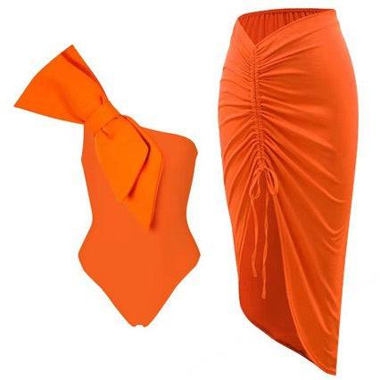 French swimsuit with pleated oblique shoulder and bow two-piece women's swimsuit  S Orange Two-Piece Suit 