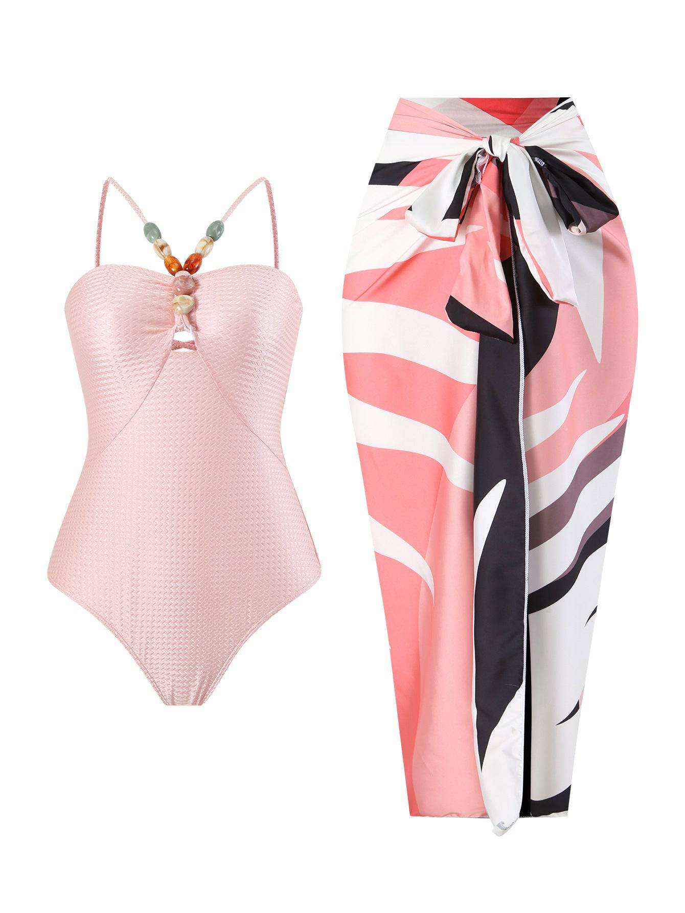 Ladies Swimsuit Multicolor Hollow Out Cutout Gem Sling French Two Piece Maxi Dress Swimsuit Bikini  S Pink Suit 