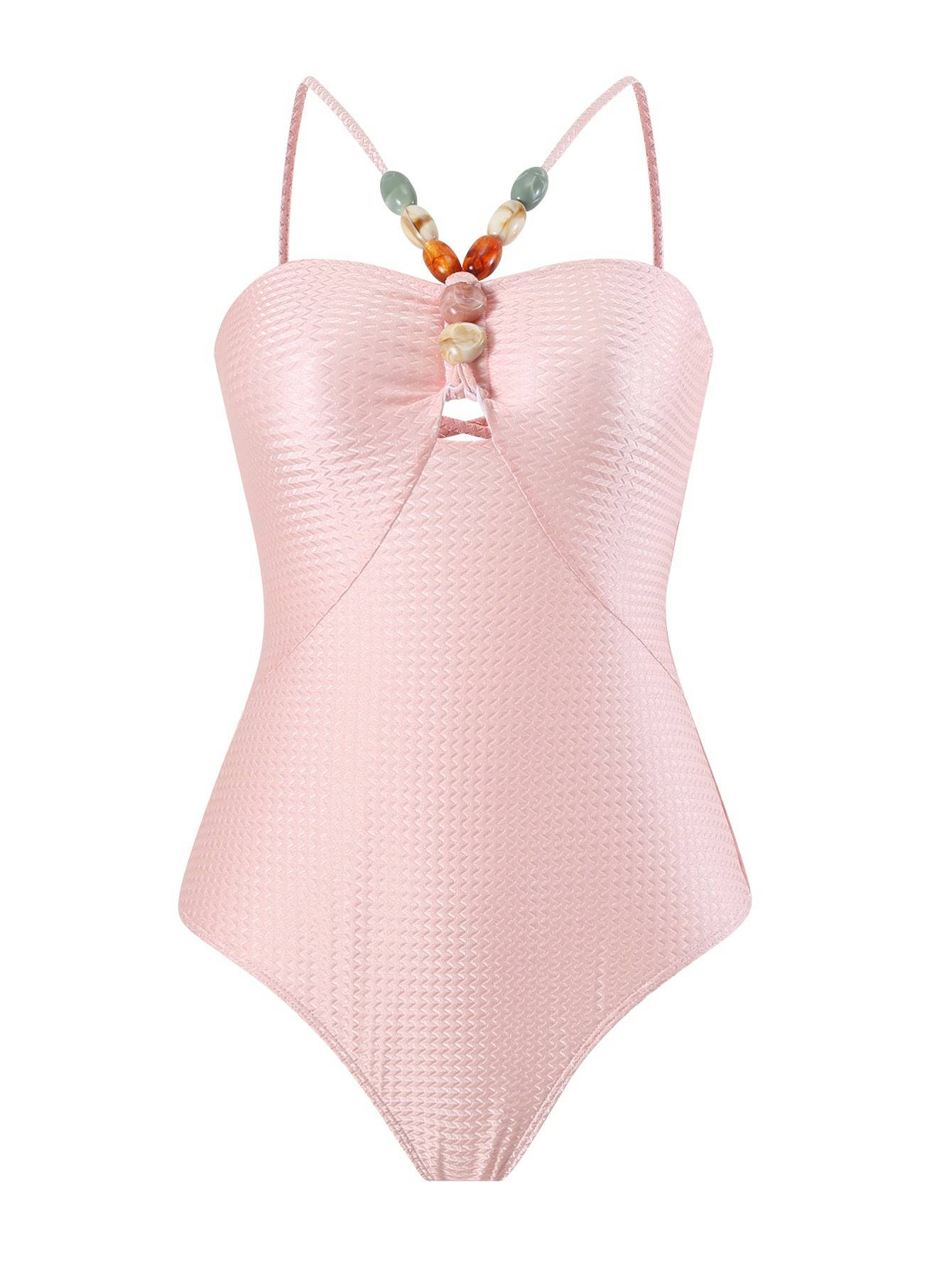 Ladies Swimsuit Multicolor Hollow Out Cutout Gem Sling French Two Piece Maxi Dress Swimsuit Bikini  S Pink jumpsuit 