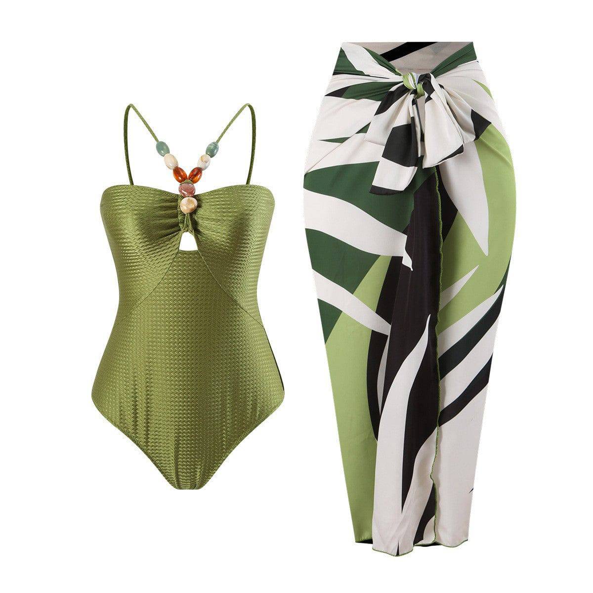 Ladies Swimsuit Multicolor Hollow Out Cutout Gem Sling French Two Piece Maxi Dress Swimsuit Bikini  S Green Suit 