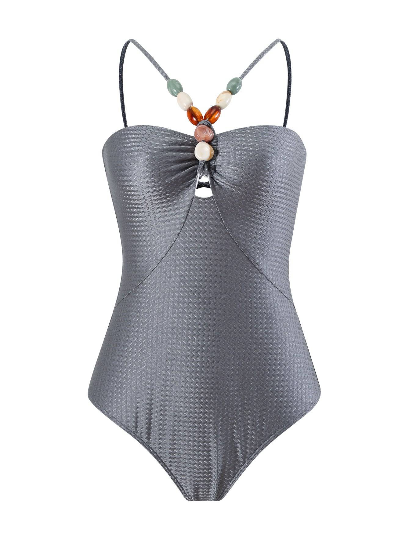 Ladies Swimsuit Multicolor Hollow Out Cutout Gem Sling French Two Piece Maxi Dress Swimsuit Bikini  S Gray jumpsuit 