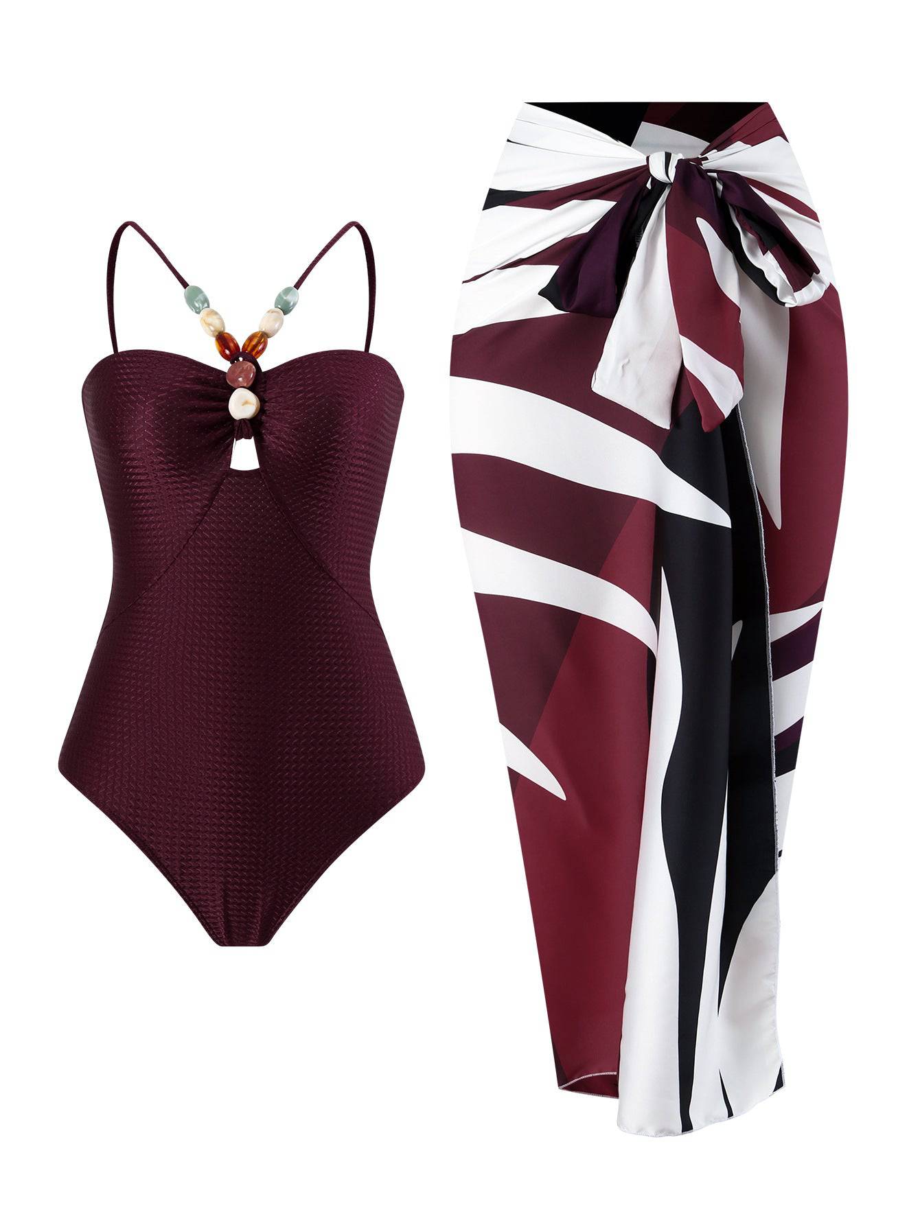 Ladies Swimsuit Multicolor Hollow Out Cutout Gem Sling French Two Piece Maxi Dress Swimsuit Bikini  S Claret-Red Suit 