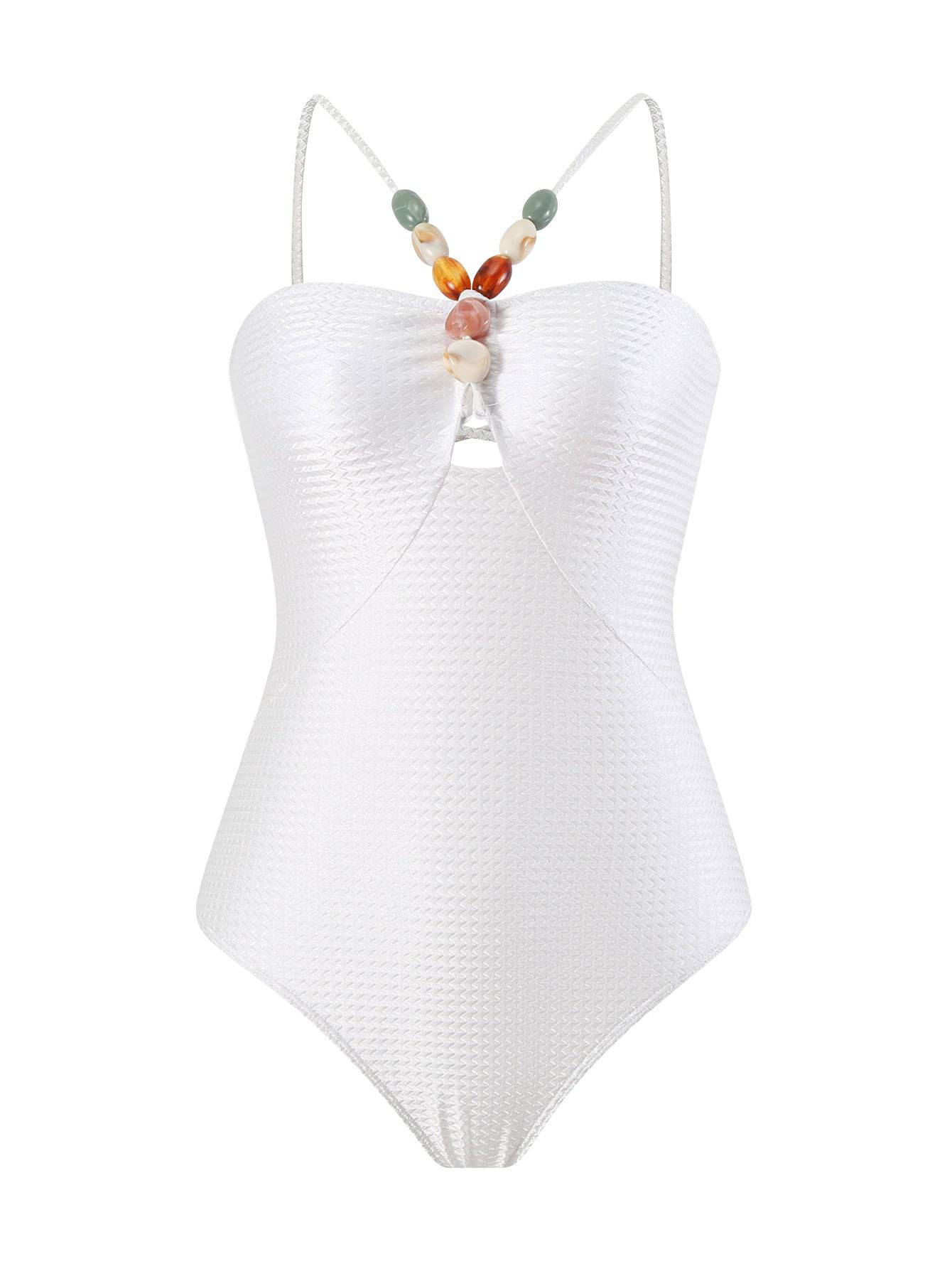 Ladies Swimsuit Multicolor Hollow Out Cutout Gem Sling French Two Piece Maxi Dress Swimsuit Bikini  S White 