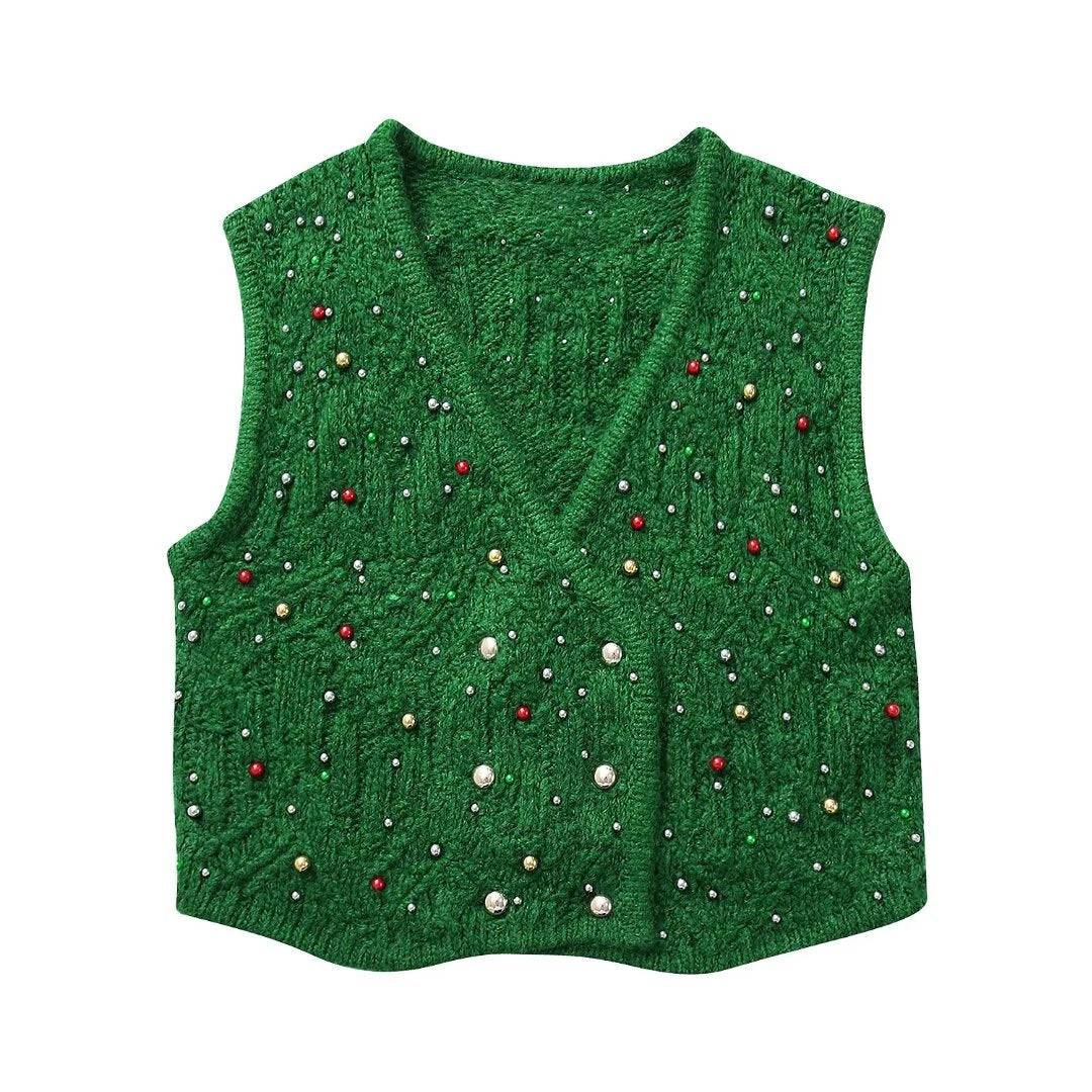 V Neck Vest with Pearl Detail and Knitted Fabric  S Green 