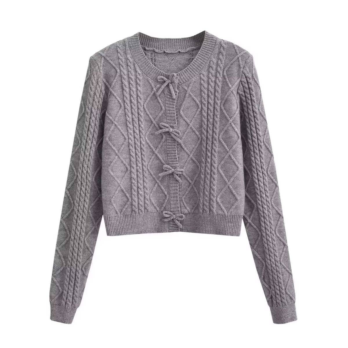 Korean Bow Design Solid Color Soft Glutinous Small Fresh Sweater O Neck Short Slim Fit Sweet Sweater Women  S Gray 