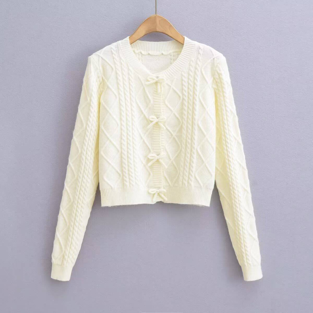 Korean Bow Design Solid Color Soft Glutinous Small Fresh Sweater O Neck Short Slim Fit Sweet Sweater Women  S Ivory 