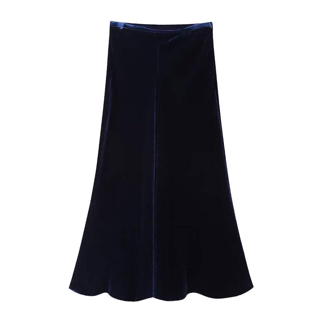 Velvet Midi Skirt with High Waist for Women  XS Navy Blue 