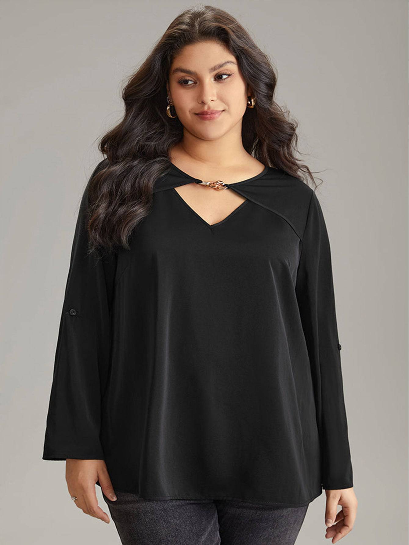 Elegant V-Neck Flared Sleeve Plus Size Office Top  1XL Black 