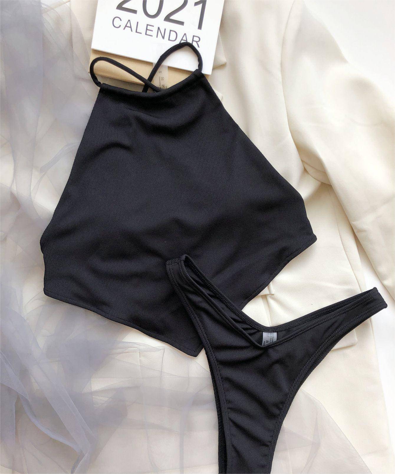 Sunken Stripe Halter Bikini Split Swimsuit  S Black 