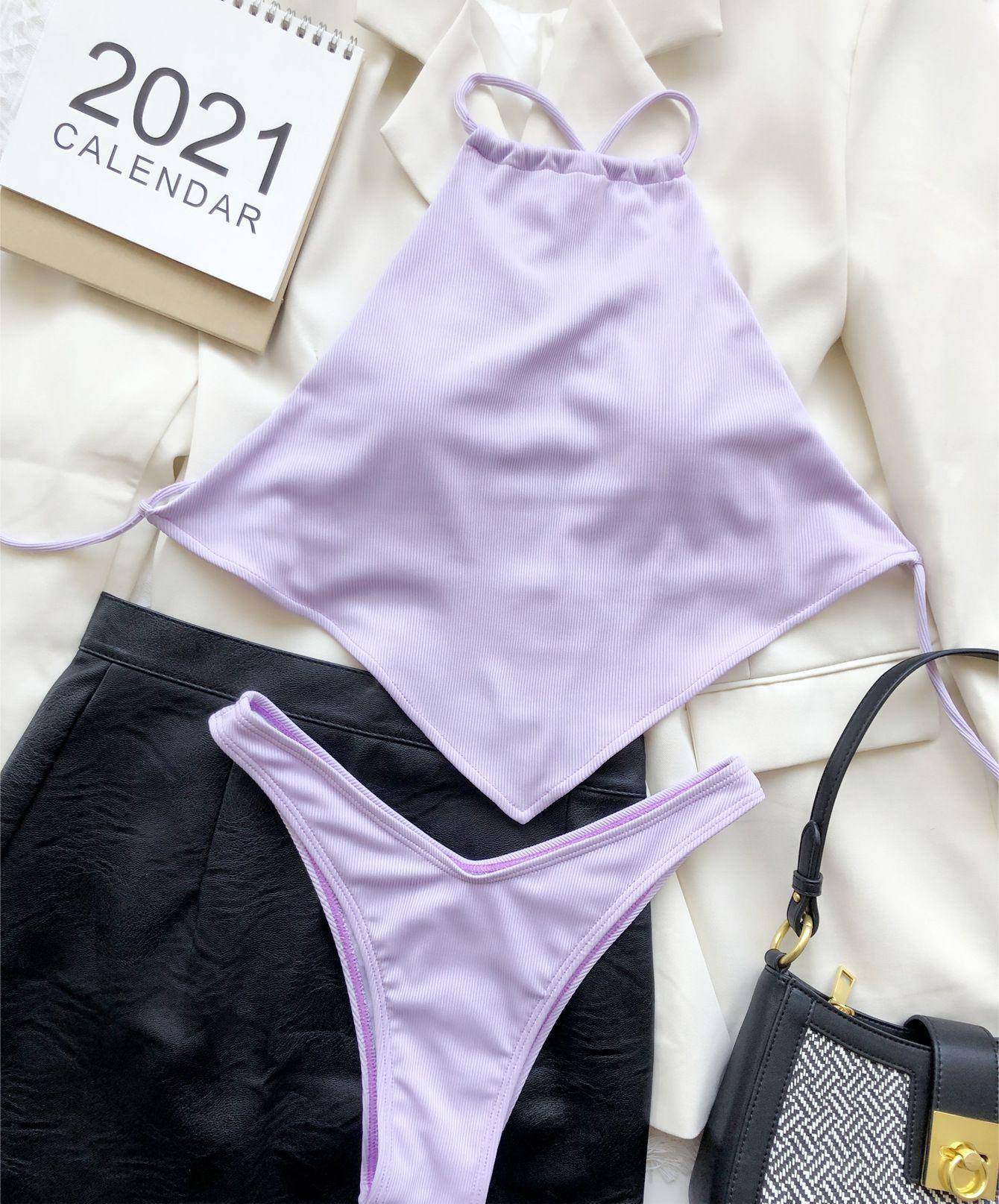 Sunken Stripe Halter Bikini Split Swimsuit  S Purple 