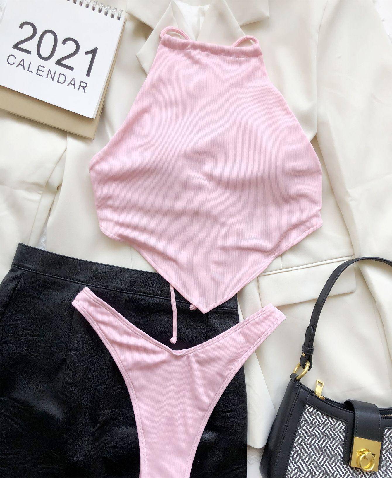 Sunken Stripe Halter Bikini Split Swimsuit  S Pink 