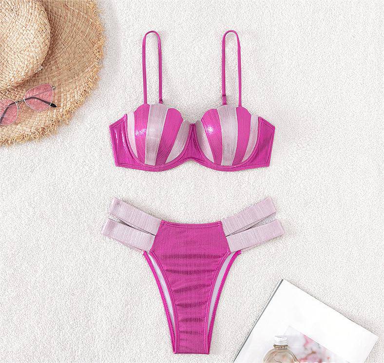 High Waist Striped and Color Block Split Bikini Swimsuit  S Purple 